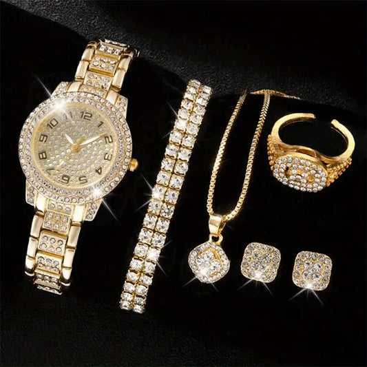 "Elegant 6-in-1 Women's Watch & Bracelet Set – Luxury Crystal Alloy Design, Perfect Gift"