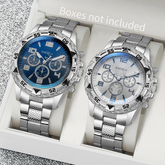2pcs/set Fashion Steel Band Men's Quartz Watch Male Wristwatches Set (Without Box）
