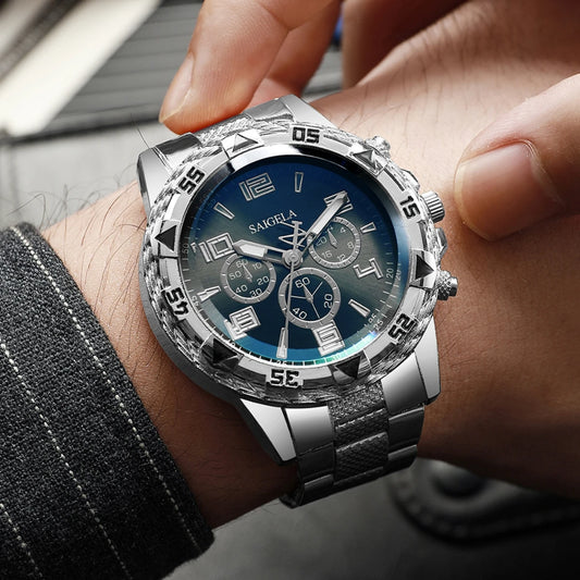 2pcs/set Fashion Steel Band Men's Quartz Watch Male Wristwatches Set (Without Box）
